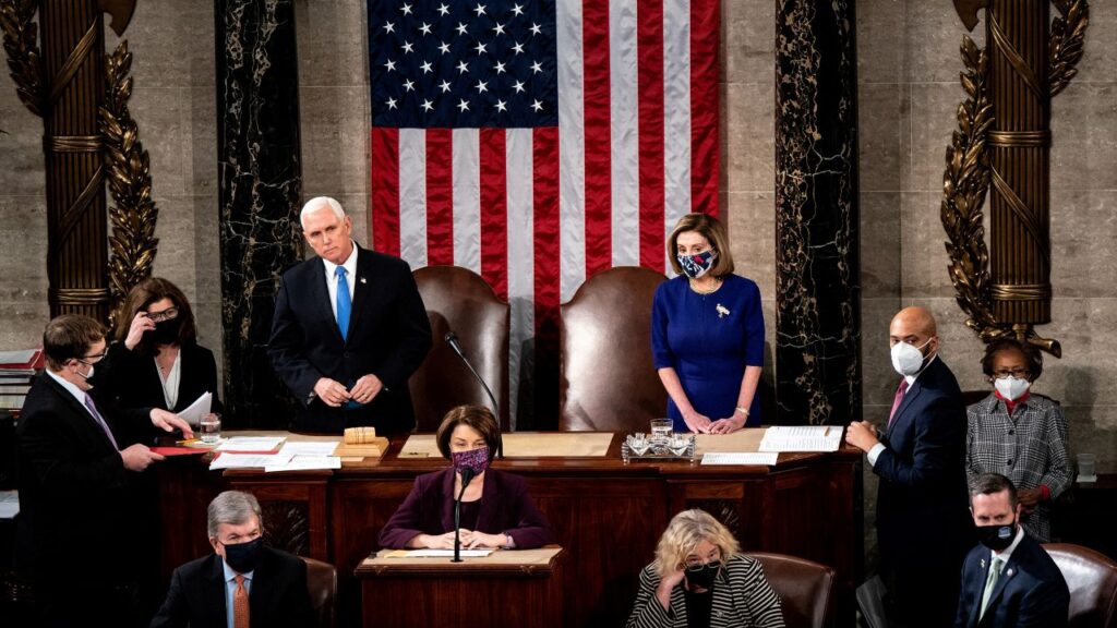 Image of Mike Pence and Nancy Pelosi presiding over a joint session of Congress to certify the 2020 election