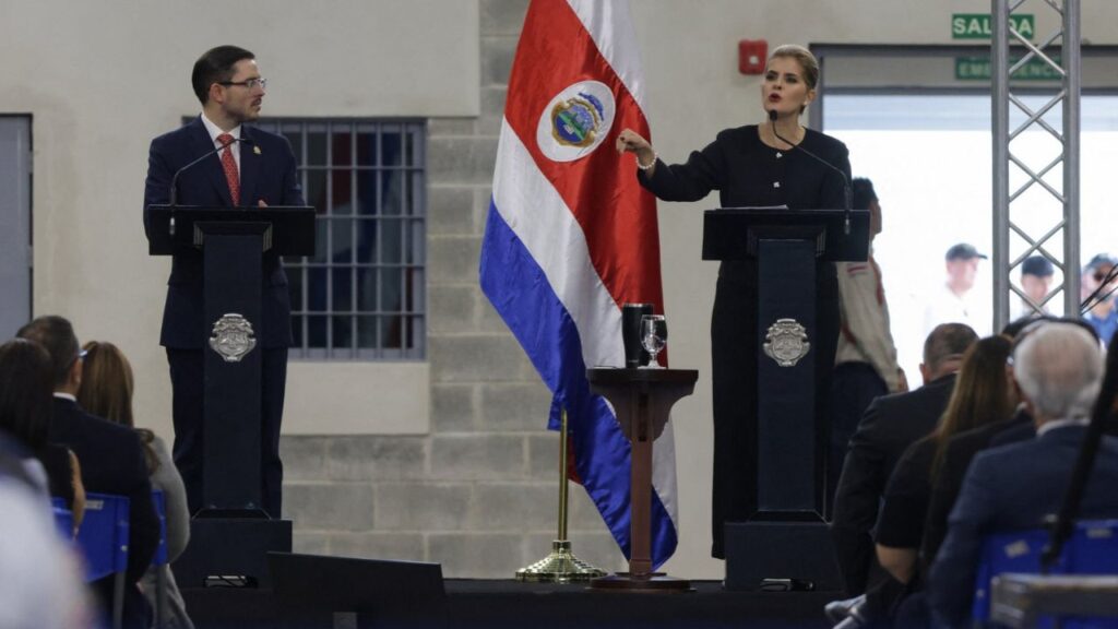 Costa Rican President Laura Fernandez speaks during the inauguration of the Center for High Containment of Organized Crime (CACCO), a new maximum-security prison built with the cooperation of the government of El Salvador’s President Nayib Bukele, in Alajuela, Costa Rica, October 14, 2026. REUTERS/Mayela Lopez