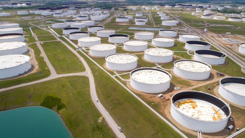 Crude oil storage tanks are seen in an aerial photograph at the Cushing oil hub in Cushing, Oklahoma, U.S. April 21, 2020. (Reuters File)