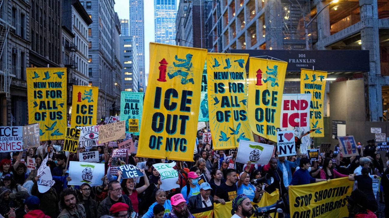 Demonstrators march in Lower Manhattan in response to an Immigration and Customs Enforcement (ICE) shooting in New York City, US, October 9, 2026. (Reuters File)