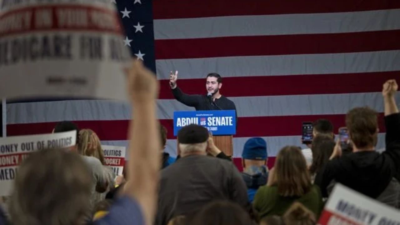 Dr. Abdul El-Sayed, the Democratic nominee for Senate in Michigan, speaks as he campaigns with Rep. Alexandria Ocasio-Cortez (D-N.Y.) during an event on their bus tour in Marquette, Mich., on Thursday, Oct. 15, 2026. (Zbigniew Bzdak/The New York Times)
