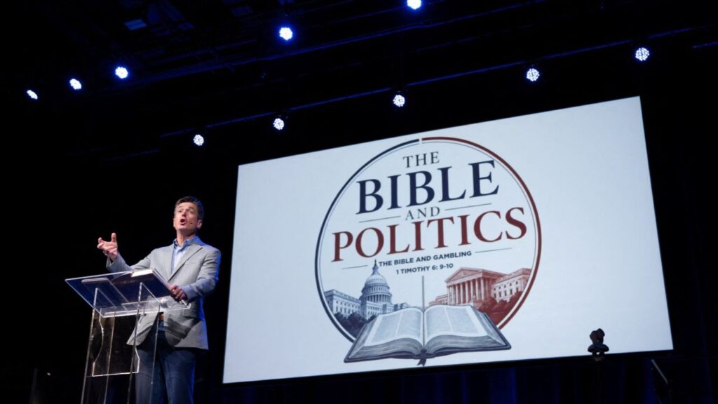 Erik Estep, senior pastor at Village Church, delivers a sermon during a service focusing on the Bible and politics in Blythewood, South Carolina, US, October 14, 2026. REUTERS/Sam Wolfe