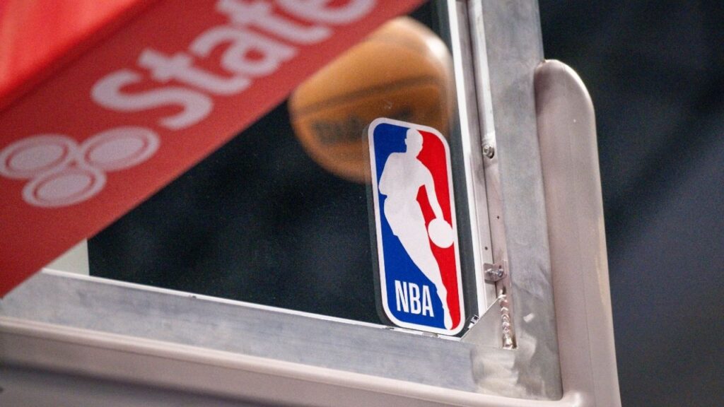 Feb 5, 2026; Dallas, Texas, USA; A view a Wilson NBA basketball and logo during the game between the Mavericks and the Spurs at the American Airlines Center. (Jerome Miron-Imagn Images)