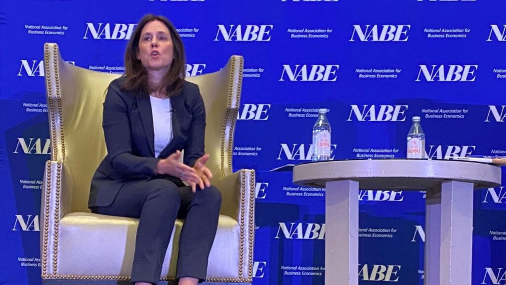 Federal Reserve Bank of Dallas President Lorie Logan speaks at a conference of the National Association for Business Economics in Dallas, Texas, U.S., October 9, 2023. (Reuters File)