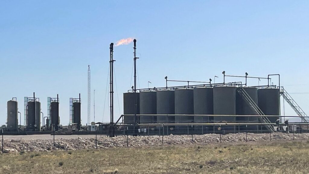 Flaring is seen at a gas processing facility in the Permian Basin in New Mexico, U.S., April 6, 2023. (Reuters File)