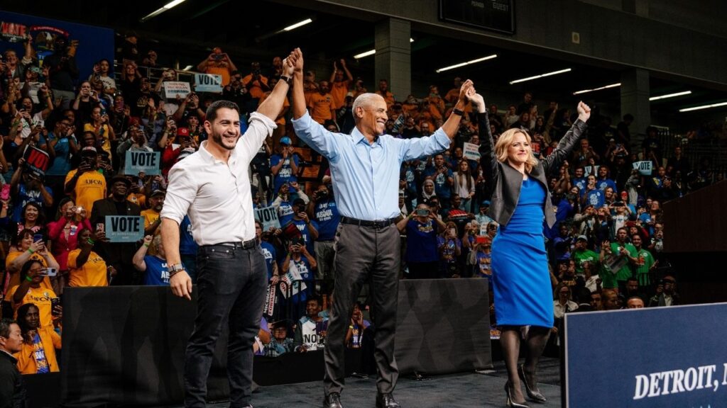 Former President Barack Obama stands with Democratic Michigan candidates Abdul El-Sayed, who is running for the Senate, and Jocelyn Benson, the Michigan secretary of state who is running for governor, during a midterm elections campaign rally in Detroit on Saturday, Oct. 24, 2026. (Nick Hagen/The New York Times)