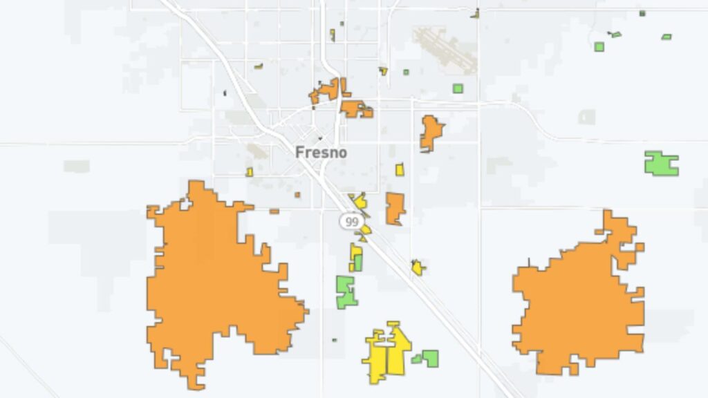 Fourteen power outages left more than 9,700 PG&E customers without electricity across the Fresno area and near Selma on Wednesday afternoon, with most outages attributed to a storm. (PG&E)