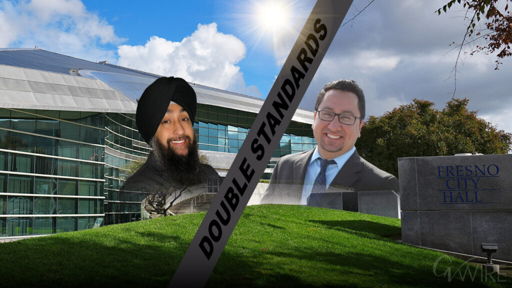 Composite image of political candidates Naindeep Singh and Rob Fuentes with a "Double Standard" slash with Fresno City Hall in the background