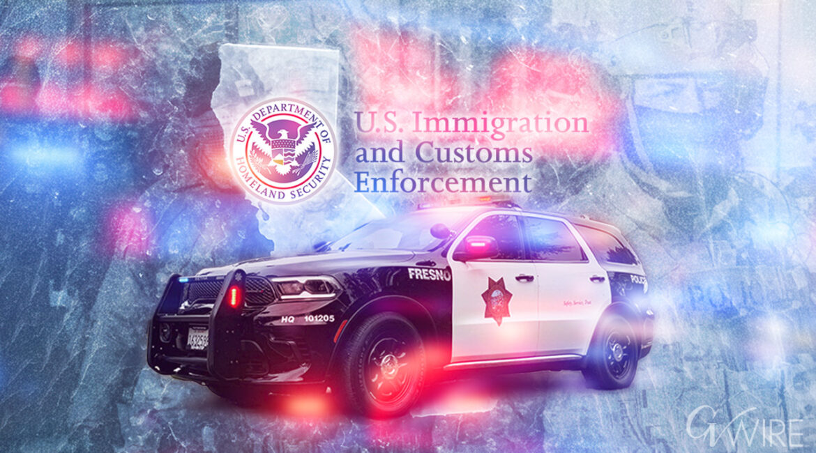 Composite image of Fresno police, ICE logo, and flashing lights