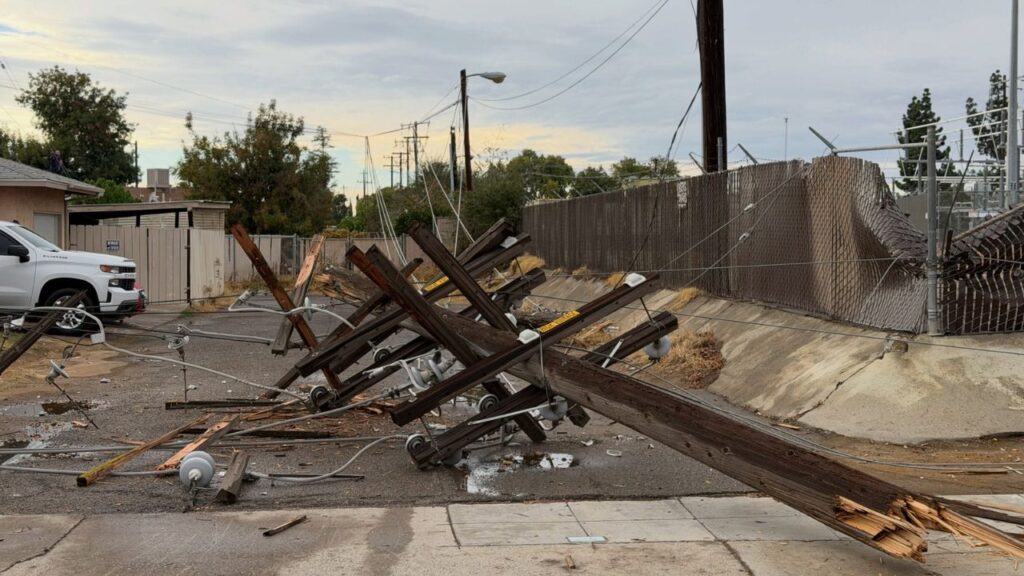 Fresno firefighters responded to multiple downed power lines and pole fires Wednesday as stormy weather caused hazardous conditions across the city. (Fresno FD)