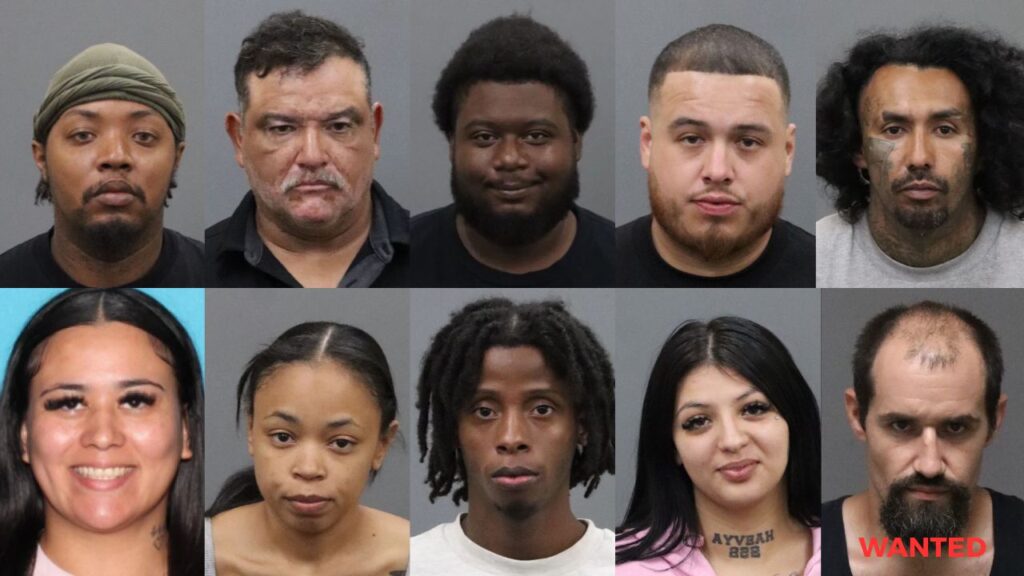 From top left to right: Chris Scott, David Martinez, Aaron Gray, William Vallejo, Fernando Garza. Bottom left to right: Celestina Bejaran, Letrice Molton, Jordan Smith, Alize Gonzalez, and wanted suspect Kyle Riechel. (Clovis PD)