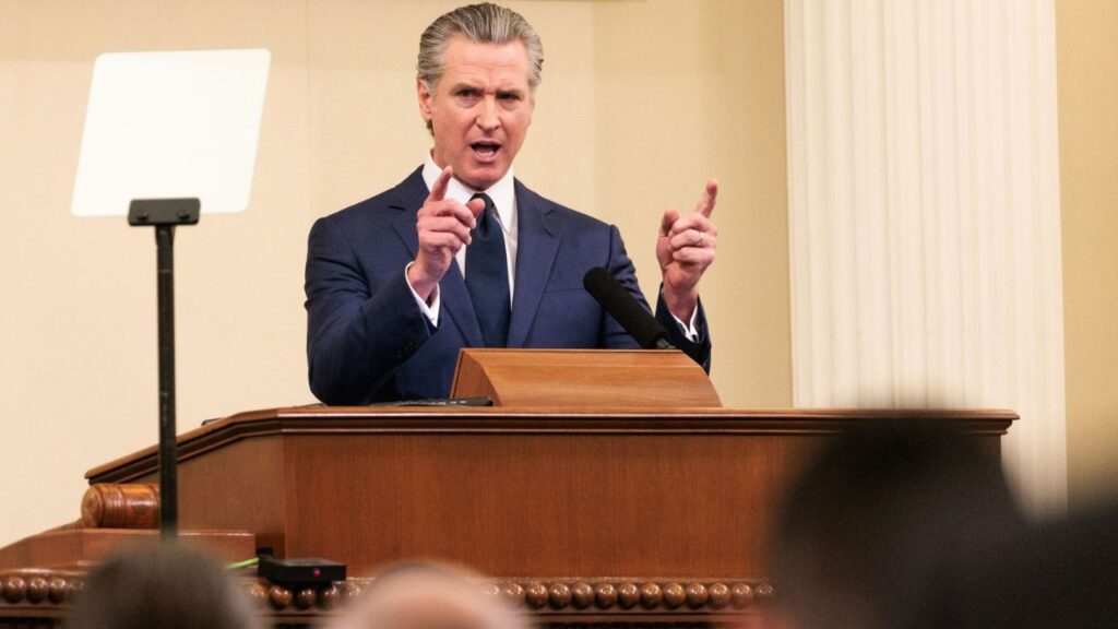 Gov. Gavin Newsom of California delivers his State of the State address at the Capitol in Sacramento, Calif., on Jan. 8, 2026. Newsom, a possible presidential candidate, is seriously considering whether to spare the lives of all 563 prisoners on death row in California as one of his final acts in office, according to two people familiar with his thinking. (Max Whittaker/The New York Times)