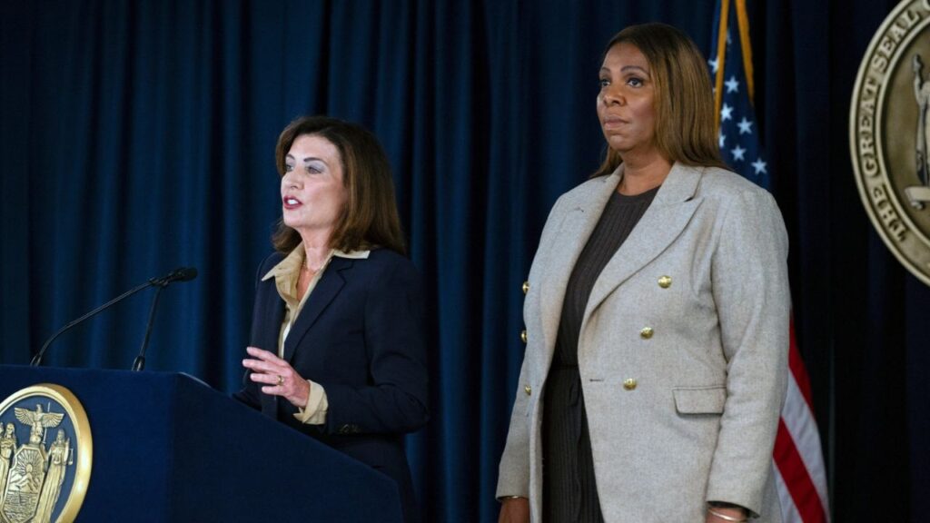 Gov. Kathy Hochul of New York is joined by state Attorney General Letitia James as she speaks to reporters at a news conference in Manhattan on Friday morning, Oct. 2, 2026. Hochul has appointed James as special prosecutor to investigate a former Cornell University student’s rape allegation. (Hilary Swift/The New York Times)