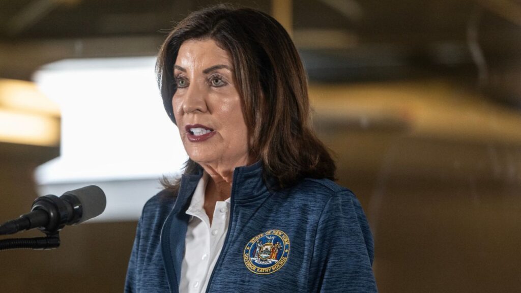 Gov. Kathy Hochul of New York speaks during a press conference in New York, May 17, 2026. Cornell University plans to hire outside lawyers to investigate a woman’s claim that she was raped at a fraternity house near campus in 2024, amid growing pressure from students and politicians to explain how the case was handled. (Victor J. Blue/The New York Times)