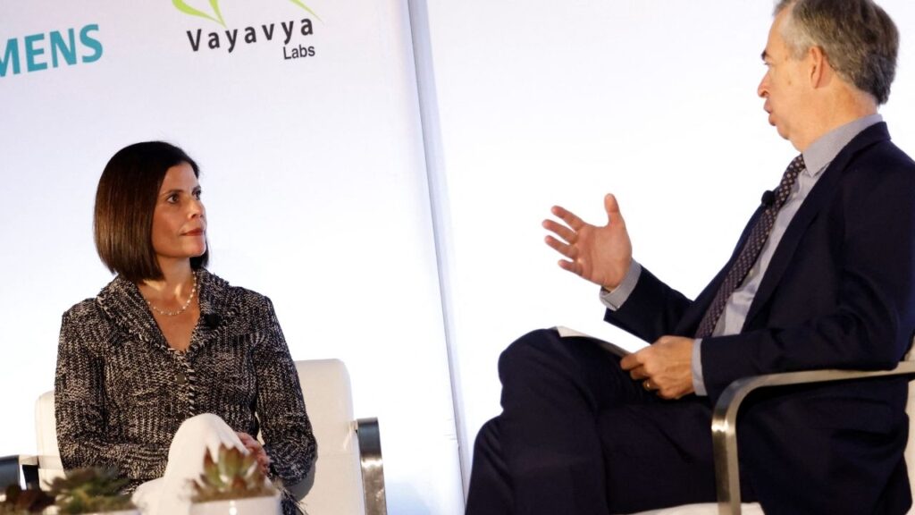 Honda Senior Vice President Jennifer Thomas speaks with Reuters correspondent David Shepardson at Reuters Automotive USA, in Detroit, Michigan, US, October 27, 2026. Brian Ach/Handout via REUTERS