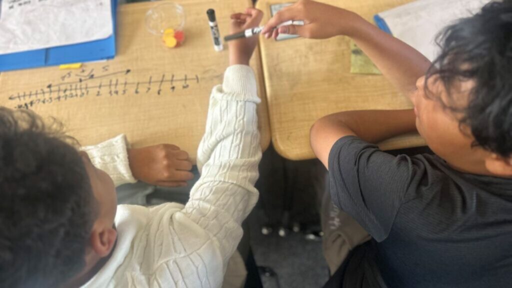 Overhead view of students working at their desks