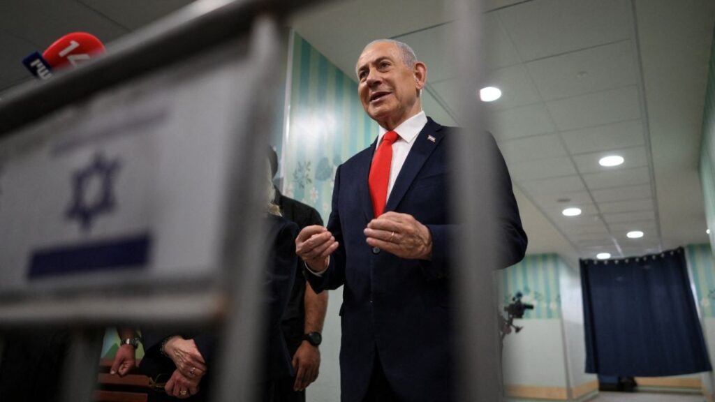 Israel's Prime Minister Benjamin Netanyahu speaks to the media after voting at a polling station in Jerusalem, Israel, on the day of Israel's legislative election, October 27, 2026. Jewel Samad/Pool via REUTERS