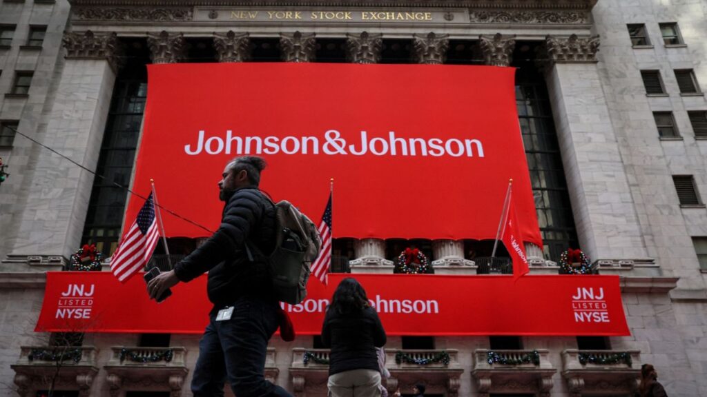 A Johnson & Johnson banner is displayed on the front of the New York Stock Exchange (NYSE) in New York City, in New York City, U.S., December 5, 2023. ReutersBrendan McDermid
