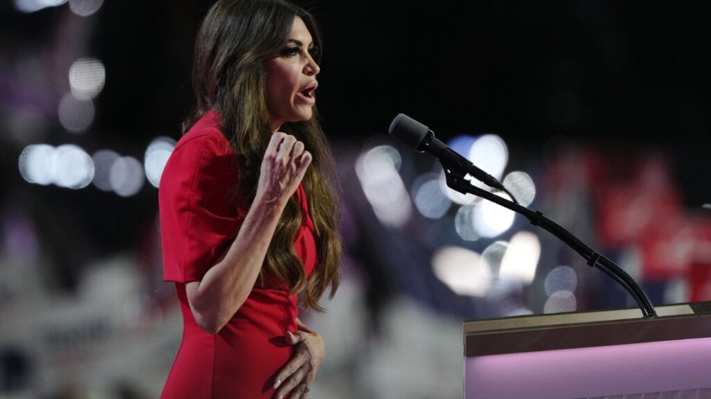 Kimberly Guilfoyle speaks on the third day of the Republican National Convention in Milwaukee, July 17, 2024. Guilfoyle, the former fiancée of Donald Trump Jr., secretly begged a Republican donor to pay her credit card debt while she was waiting to be confirmed as ambassador to Greece, according to an interview with the donor. (Jamie Kelter Davis/The New York Times)