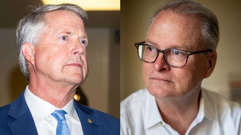 Left Photo: Sen. Roger Marshall (R-Kansas) at the Capitol in Washington, Aug. 5, 2026. (Allison Robbert/The New York Times) Right Photo: Adam Hamilton, the Democratic nominee for Senate in Kansas, at his campaign headquarters in Wichita, Kansas, Sept. 13, 2026. (Christopher Smith/The New York Times)