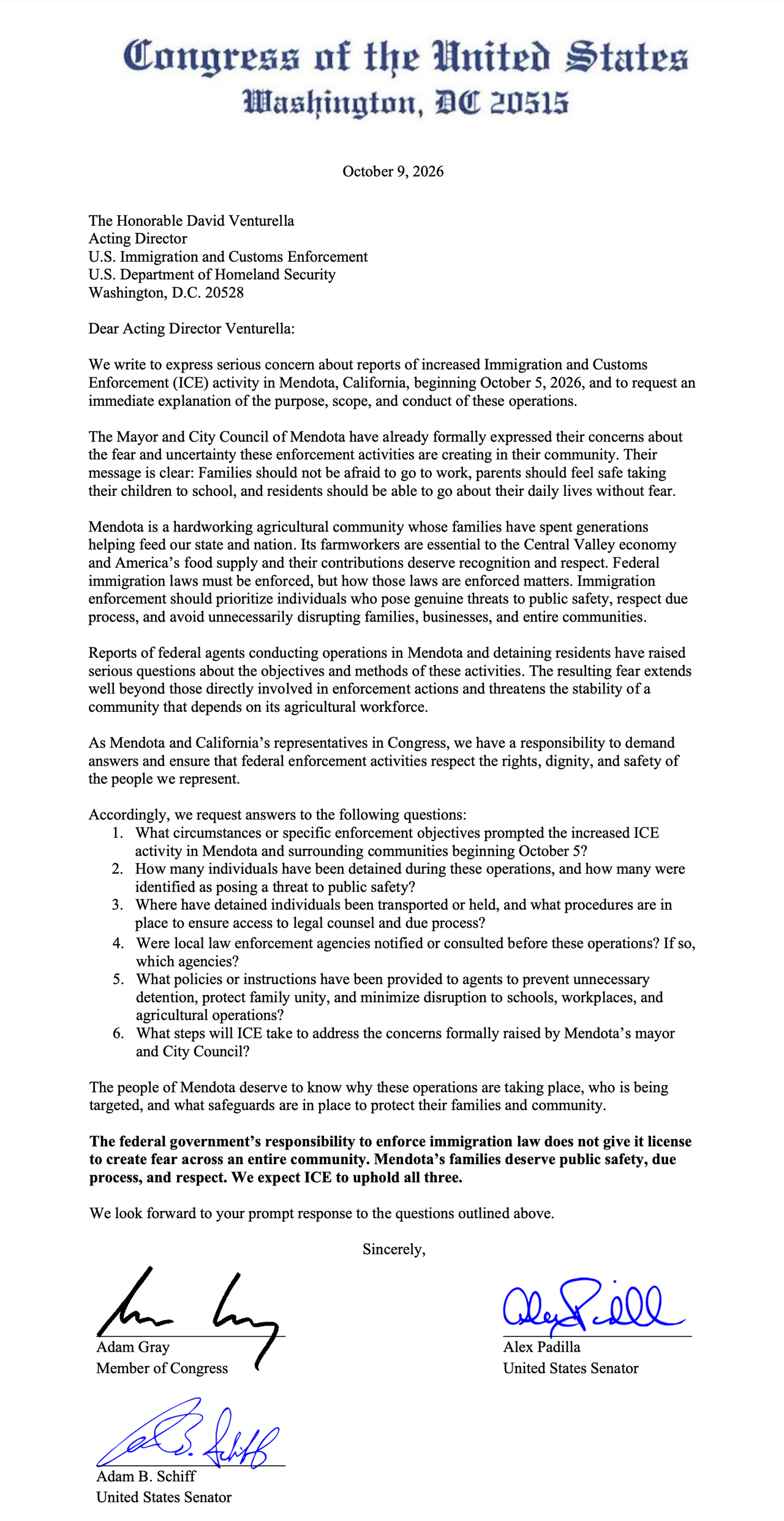 Image of a letter to ICE's director written by Rep. Adam Gray and U.S. Senators Alex Padilla and Adam Schiff
