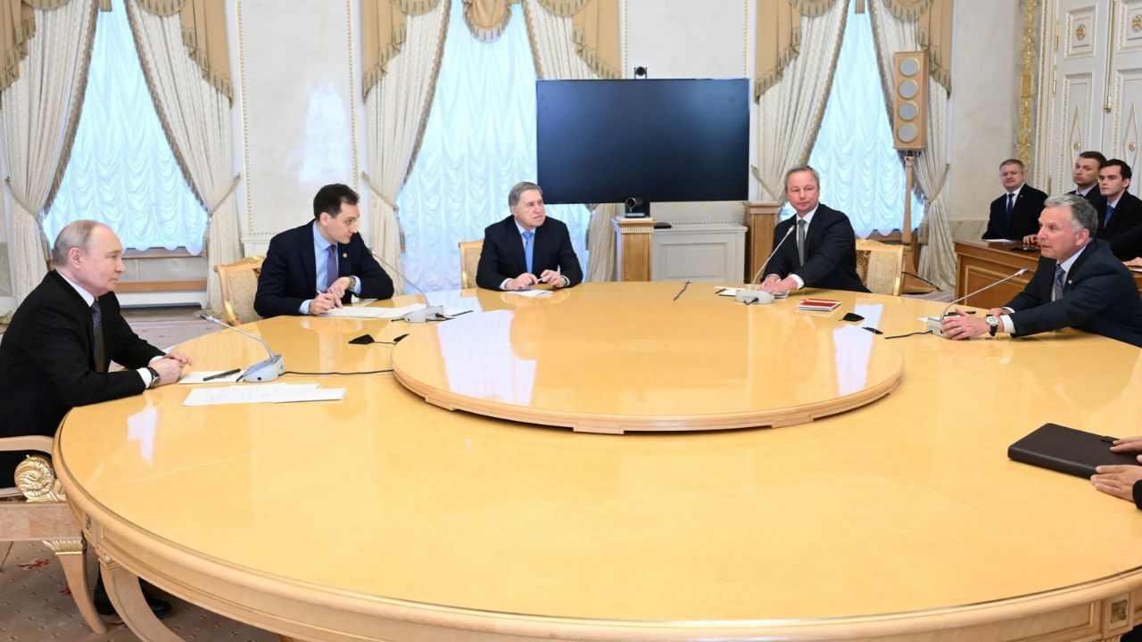 Members of the Russian delegation, including President Vladimir Putin and foreign policy adviser Yuri Ushakov, attend a meeting with US special envoy Steve Witkoff at the Constantine Palace in Saint Petersburg, Russia, October 21, 2026. Sputnik/Kristina Solovyova/Pool via REUTERS