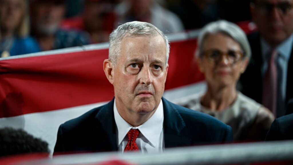 Michael Whatley, the former RNC chairman and North Carolina’s Republican senate nominee, looks on as President Donald Trump spoke at a fly-in rally in Gastonia, N.C, on Sept. 16, 2026. The top super PAC for Senate Republicans is canceling all the remaining ads it had booked in North Carolina as of Oct. 2, a move that signals that Republicans no longer see a path to holding the seat this fall. (Kenny Holston/The New York Times)