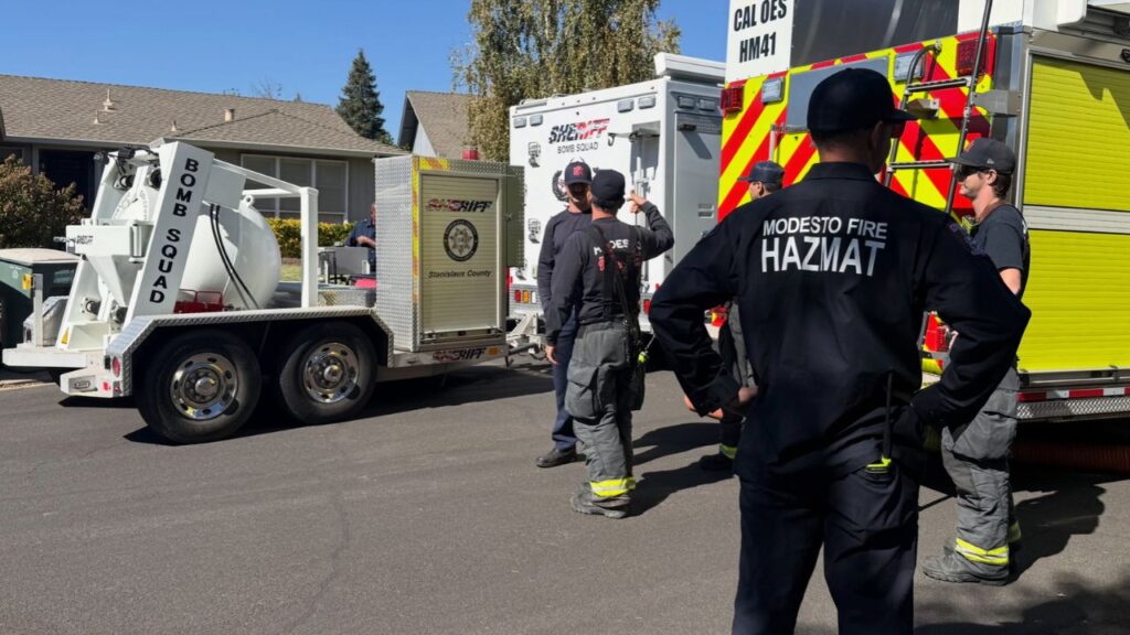 Modesto firefighters responding to a possible gas leak discovered an old military-grade mortar and household chemicals in a backyard shed, prompting a bomb squad response. (Modesto FD)