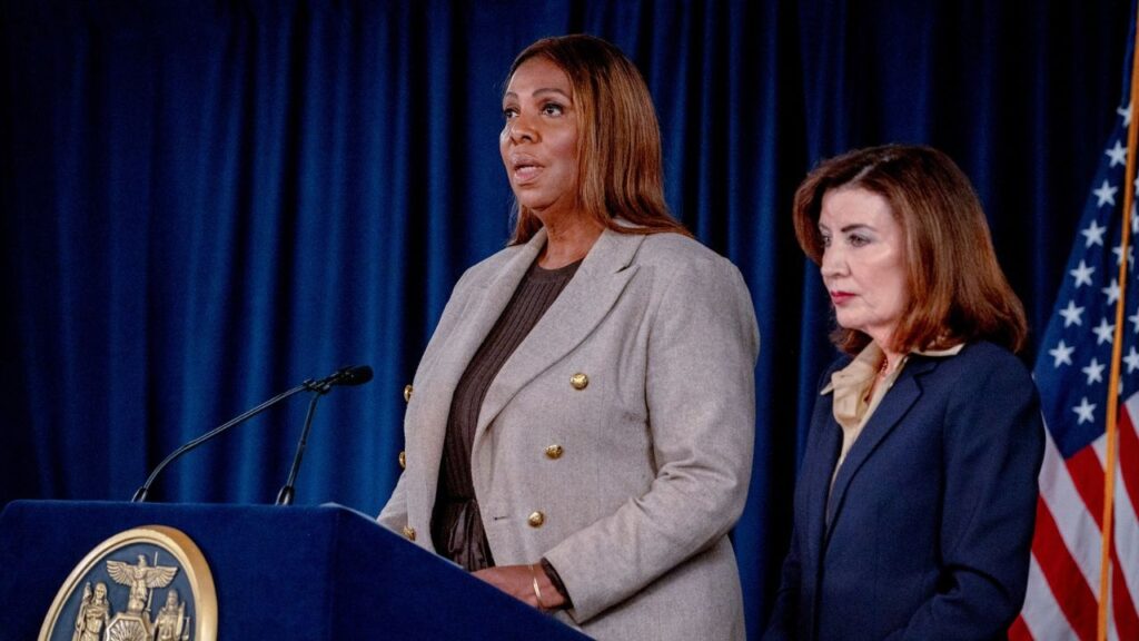 New York Attorney General Letitia James is joined by Gov. Kathy Hochul of New York as she speaks to reporters at a news conference in Manhattan, Oct. 2, 2026. A lawyer for for Gillio Lopes, one of the men accused in the Cornell University sexual assault lawsuit, has asked for the state’s attorney general, Letitia James, to be removed from leading the investigation into the incident. (Hilary Swift/The New York Times)