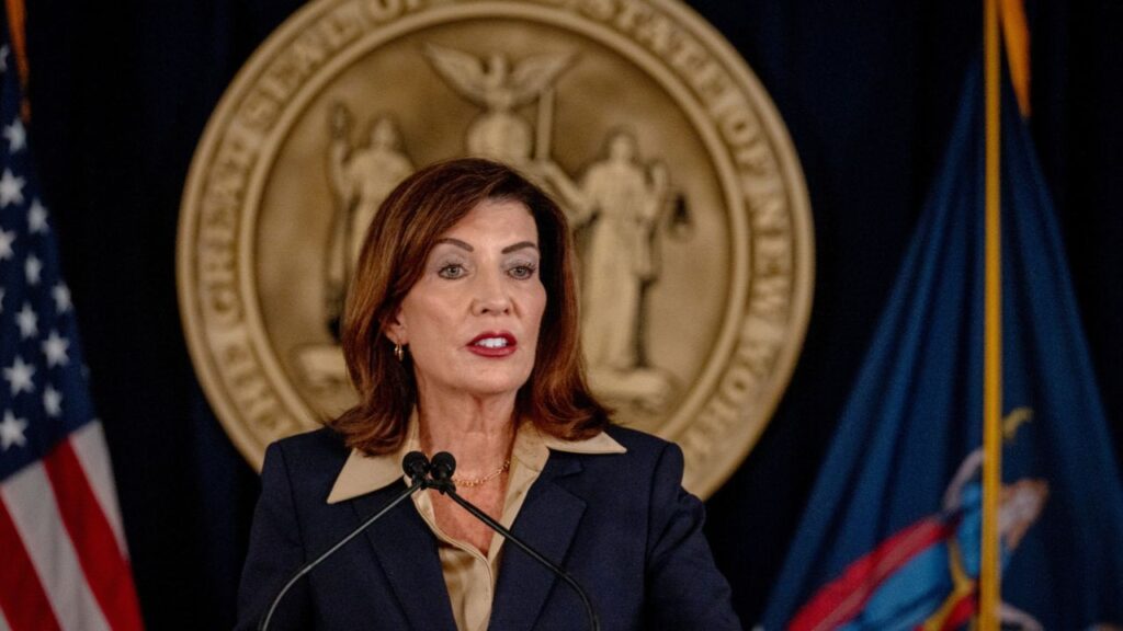 New York Gov. Kathy Hochul in New York on Oct. 2, 2026. Hochul announced on Oct. 9, 2026, that New York State would sign on to President Trump’s tax-credit program, which was designed to benefit both public and private school parents but has divided Democrats. (Hilary Swift/The New York Times)