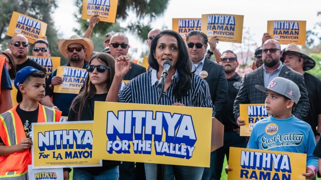 Nithya Raman, the Los Angeles City Council member and mayoral candidate, at a campaign event in North Hollywood on Oct. 10, 2026. Raman, little known outside the city a year ago, is now the front-runner to become Los Angeles’s next leader, buoyed by the same forces that catapulted Zohran Mamdani of New York City to national prominence. (Ariana Drehsler/The New York Times)