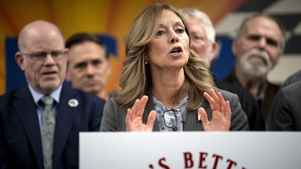 Image of Amy Acton speaking with four men in the background