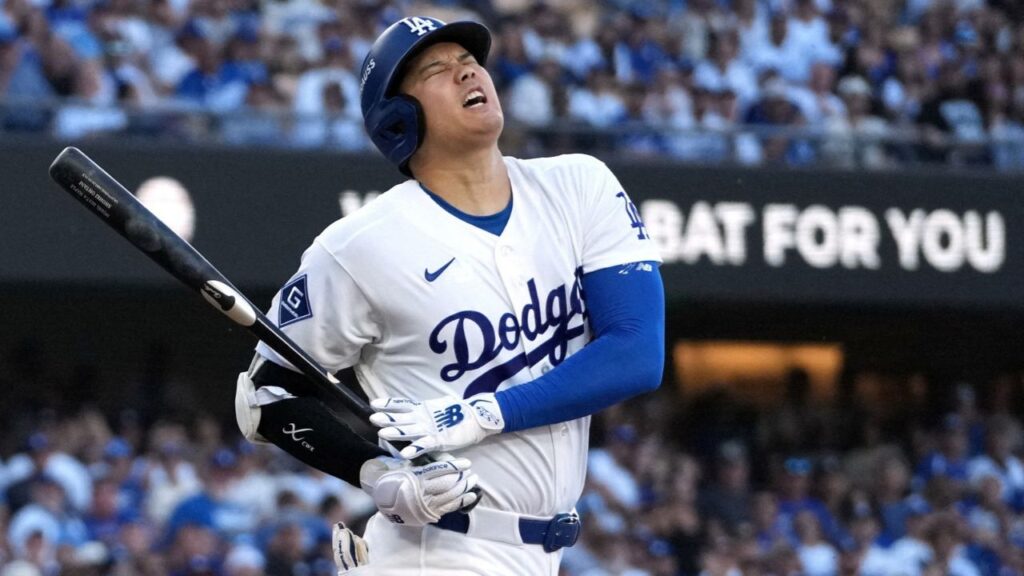 Oct 15, 2026; Los Angeles, California, USA; Los Angeles Dodgers pitcher Shohei Ohtani (17) reacts after striking out during the first inning against the Milwaukee Brewers in game four of the NLCS for the 2026 MLB Playoffs at Uniqlo Field at Dodger Stadium. (Kirby Lee-Imagn Images)