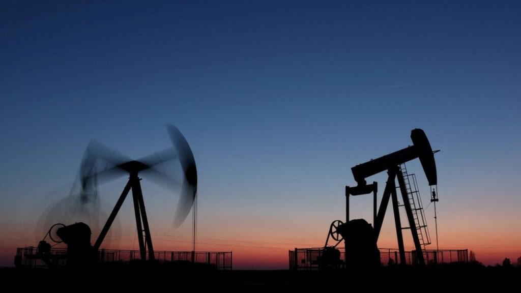 Oil pumps operate after sunset outside Vaudoy-en-Brie, near Paris, France, March 18, 2026. (Reuters File)
