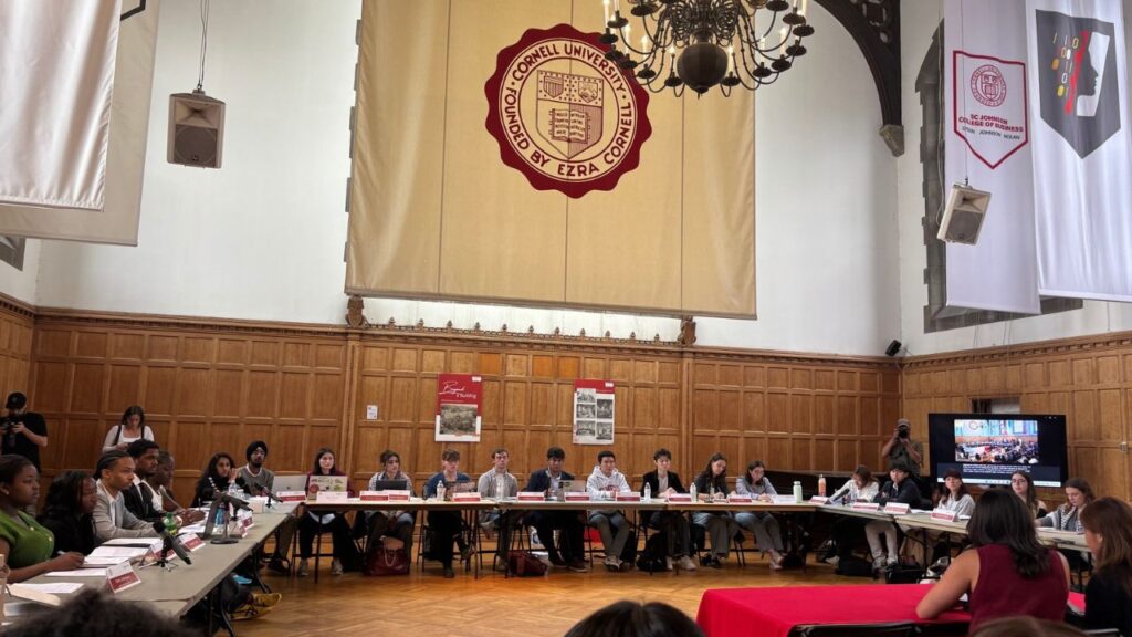 People gather at Cornell University for a Student Assembly public hearing on sexual violence in Ithaca, N.Y., on Oct. 1, 2026. In the days since a lawsuit and rape allegations put Cornell in the national spotlight, the school’s Ithaca campus has been consumed by the news. Through tears, some students shared stories of assaults they had experienced, while others spoke out to criticize administrators and demand improved training on consent. (Emma Goldberg/The New York Times)