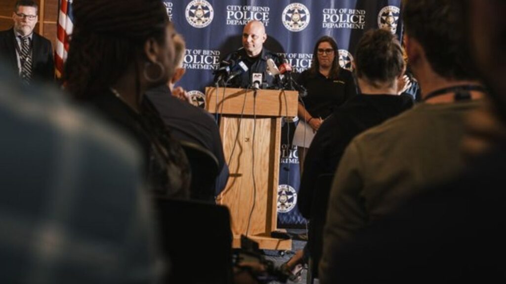 Police Chief Mike Krantz of Bend, Ore., speaks during a news conference about the shooting at Silver Rail Elementary School, in Bend, Ore., on Friday, Oct. 16, 2026. The city faced grief and unanswered questions the day after a deadly attack at the school by a teenage boy with a shotgun. He killed three children and a teacher before a bystander shot him dead. A 7-year-old and another teacher were critically injured. (Jordan Gale/The New York Times)