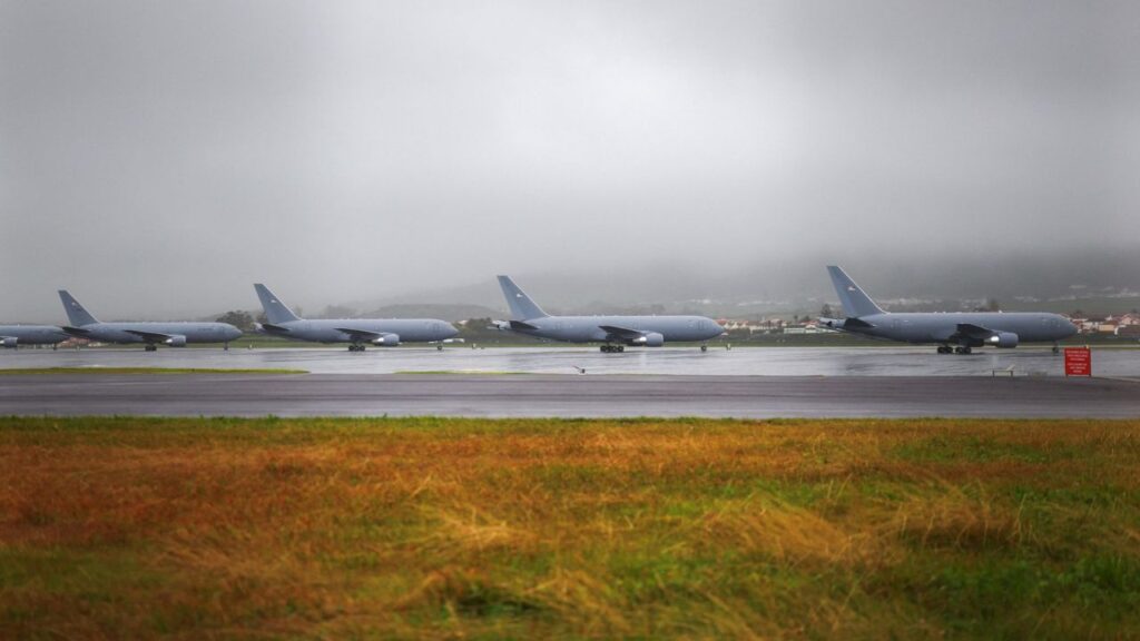 FILE PHOTO: U.S. military planes on the tarmac of Lajes air base in Terceira island, Azores, Portugal, February 21, 2026. Reuters/Pedro Nunes/File Photo