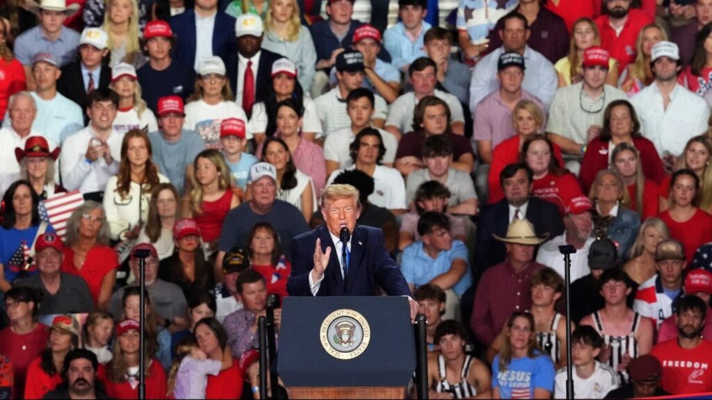 President Donald Trump addresses supporters during a campaign rally at the Crossroads Arena, in Corinth, Miss., Monday, Oct. 26, 2026. Trump took time from campaign issues to defend his fixation on remodeling the White House after former President Barack Obama jabbed that “he’s got the White House looking like Saddam Hussein opened a Cheesecake Factory.” (Doug Mills/The New York Times)
