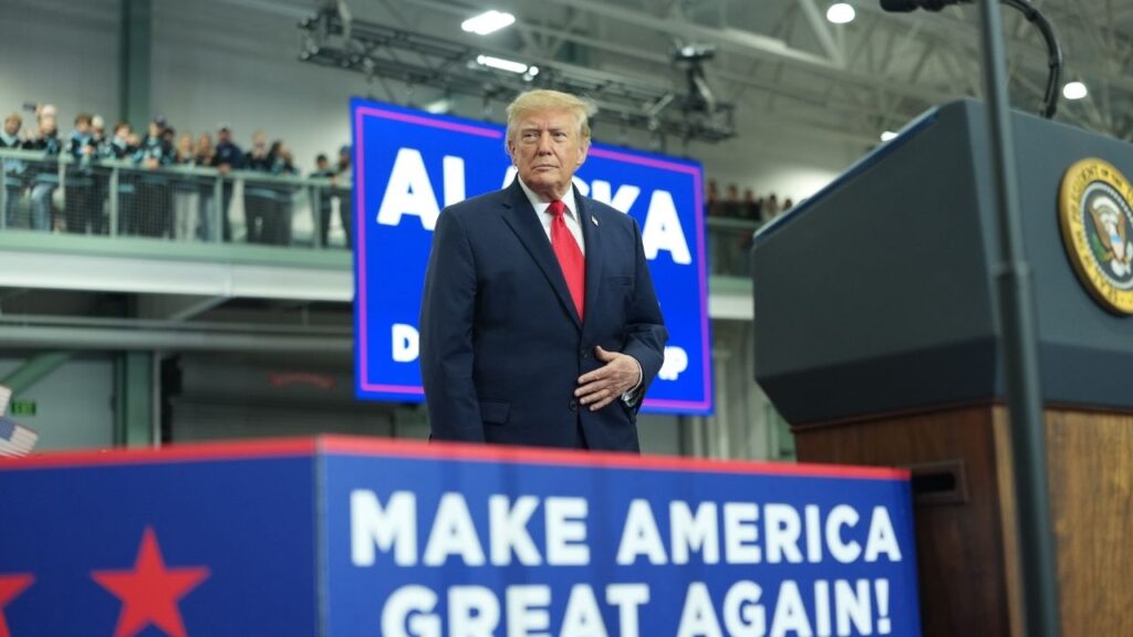 President Donald Trump arrives at a campaign rally ahead of the midterm elections in Wasilla, Alaska, on Oct. 13, 2026. President Trump on Wednesday, Oct. 28, 2026, called for the prosecution of Mary Peltola, the Democratic Senate candidate in Alaska, after The New York Times reported that her campaign had helped recruit spoiler candidates intended to siphon votes from the Republican incumbent. (Doug Mills/The New York Times)