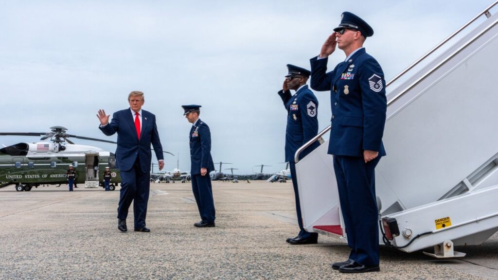 President Donald Trump departs Joint Base Andrews, Md. en route to a campaign rally in Clarksville, Tenn., on Saturday, Oct. 10, 2026. European and British officials were stunned by Trump’s unexpected announcement of a deal to purchase Russian diesel fuel, but have stopped short of directly criticizing the American leader. (Alex Kent/The New York Times)