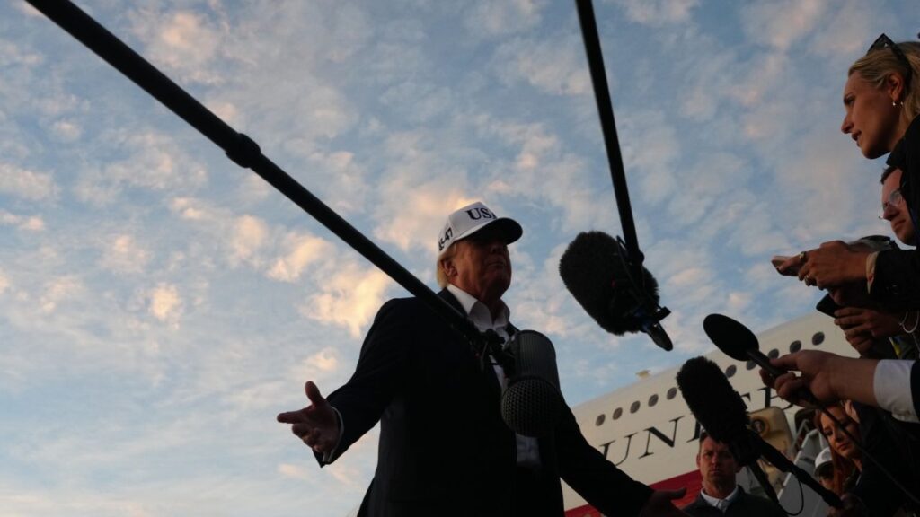 President Donald Trump speaks to reporters at Shannon Airport in County Clare, Ireland, before boarding Air Force One on Sept. 13, 2026. Trump has barred CNN and a Politico reporter from traveling with him on Air Force One. (Alex Kent/The New York Times)