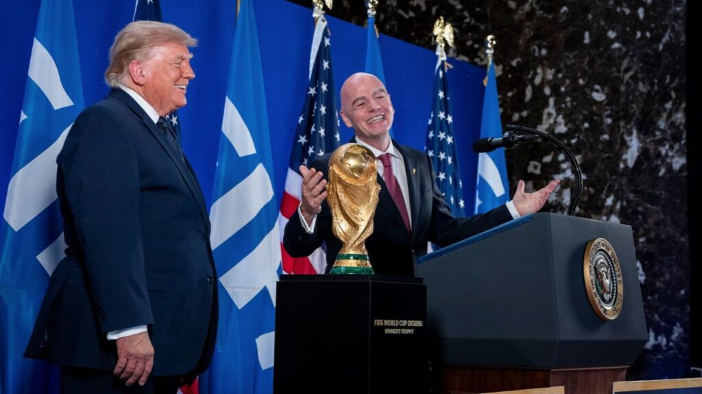 President Donald Trump with Gianni Infantino, president of FIFA, at a reception ahead of the World Cup final in New York, July 17, 2026. FIFA has no plans to fully staff the Trump Tower location and the office sits largely idle, according to current and former FIFA officials. (Haiyun Jiang/The New York Times)