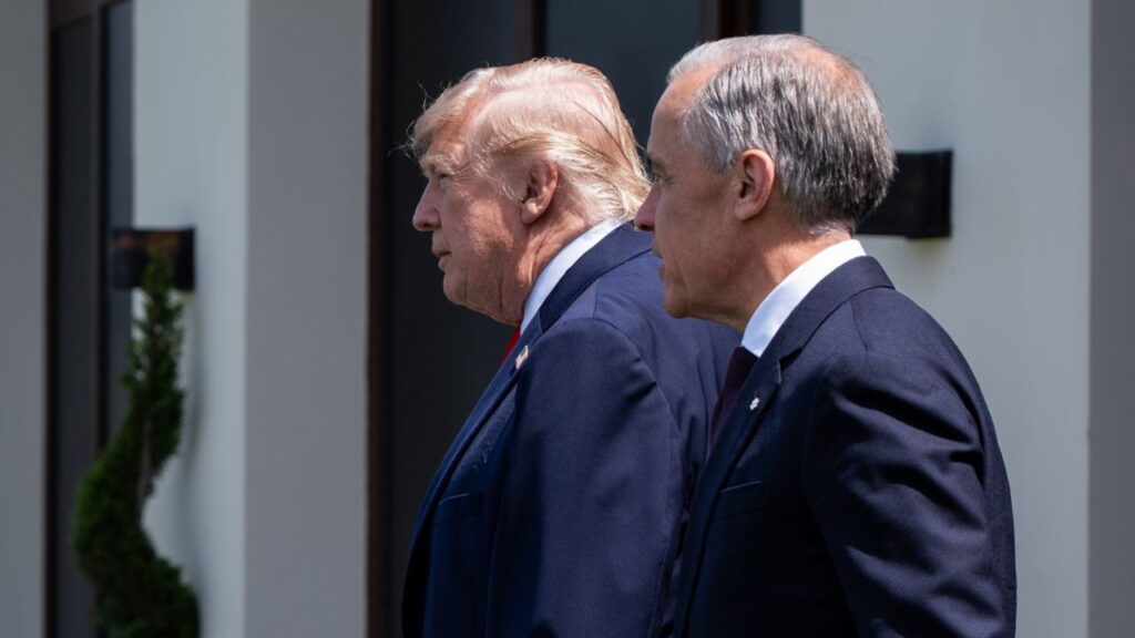 President Trump with Prime Minister Mark Carney of Canada at the Group of 7 summit in Evian-les-Bains, France, June 16, 2026. As President Trump stares down what could be a bruising midterm election in November for the Republican Party amid his record-low approval ratings, his administration has identified a familiar target to place some blame: Canada. (Haiyun Jiang/The New York Times)