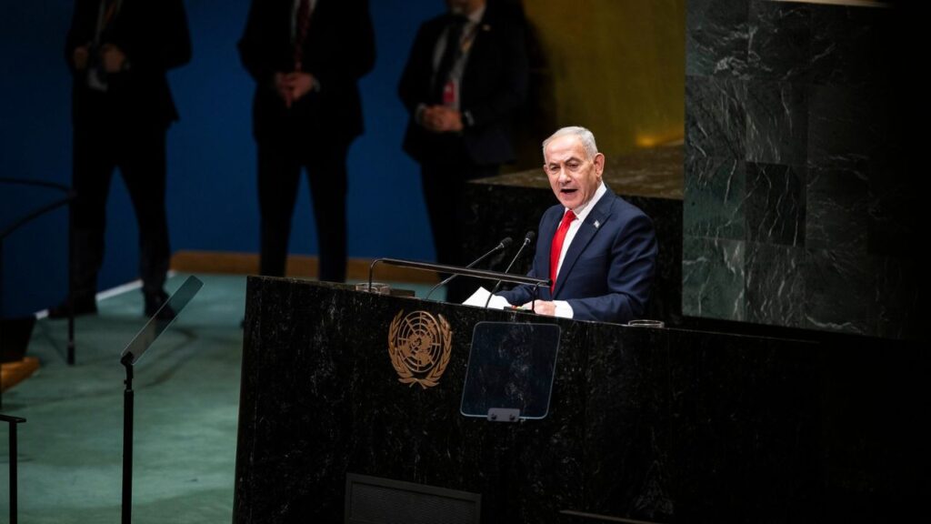 Prime Minister Benjamin Netanyahu of Israel addresses the United Nations General Assembly in Manhattan on Sept. 24, 2026. Israel has faced increasing isolation internationally over its extensive bombing campaigns in Gaza and Lebanon, the rising settler violence in the Israeli-occupied West Bank, and the war in Iran. (Dave Sanders/The New York Times)