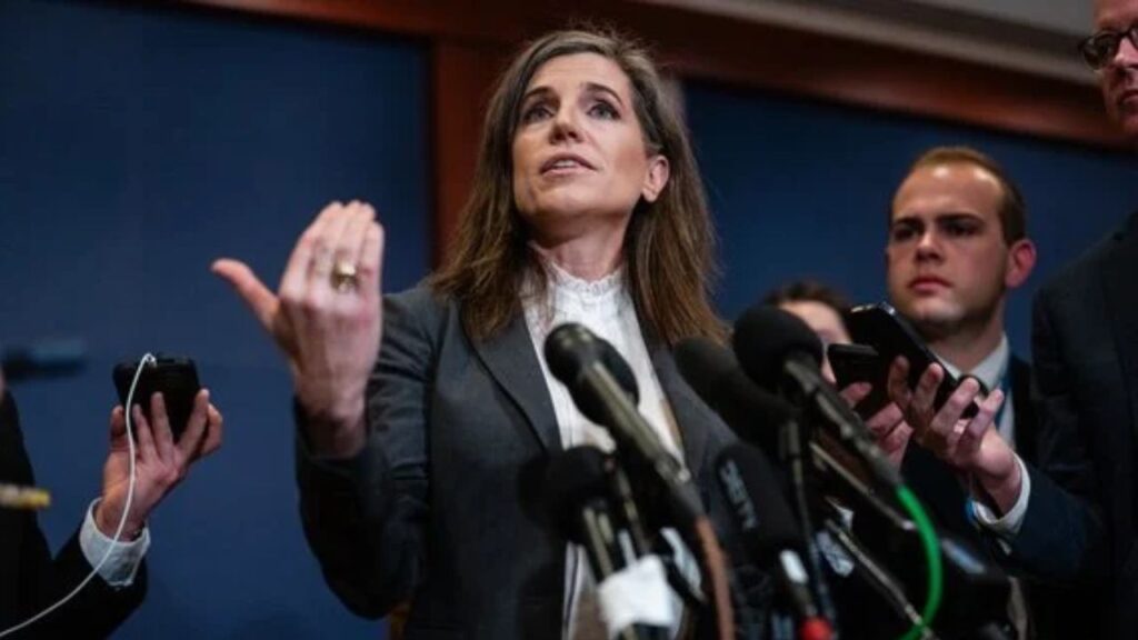 Rep. Nancy Mace (R-S.C.) speaks to reporters at the Capitol in Washington, March 3, 2026. Mace’s former fiancé and two of his business associates were charged on Wednesday, Oct. 14, with a number of sex crimes in connection with an episode she described at length last year in a speech on the House floor, according to the South Carolina Law Enforcement Division. (Eric Lee/The New York Times)