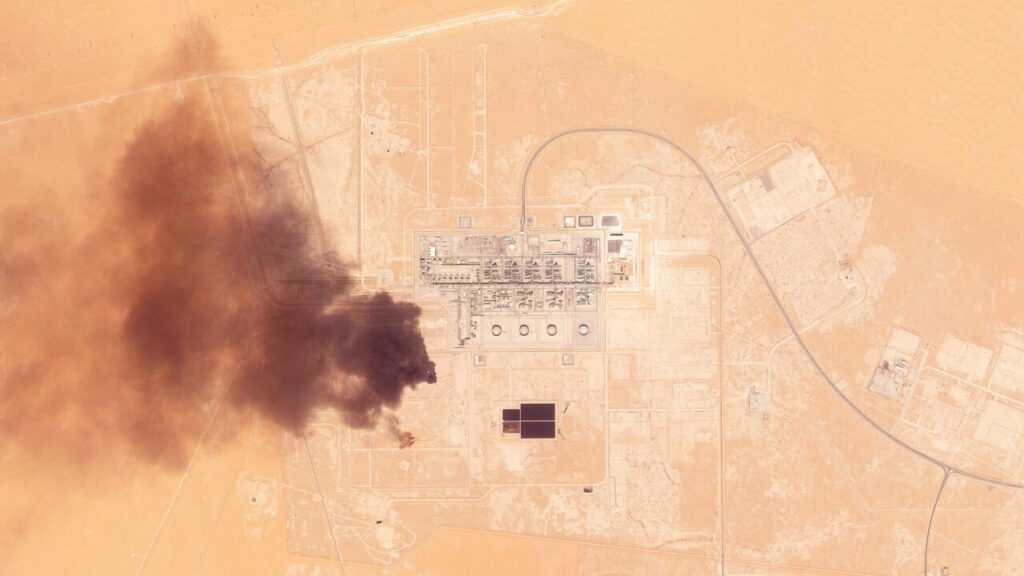 Satellite image of smoke billowing near a Saudi pumping station