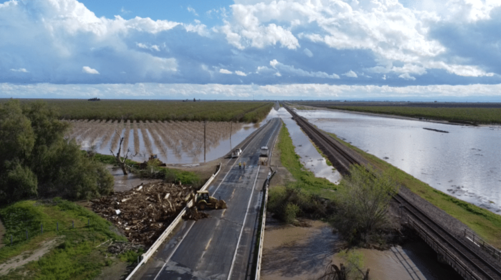 Aerial view of 2023 flooding in the community of Pond in Kern County