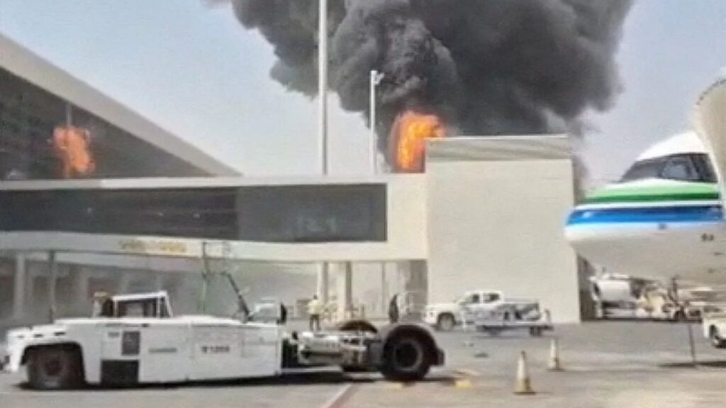 Smoke and flames rise from King Khalid Airport, after Yemen's Iran-backed Houthis said they attacked the airport, in Riyadh, Saudi Arabia, October 8, 2026, in this screengrab obtained from a social media video. Social Media/via REUTERS
