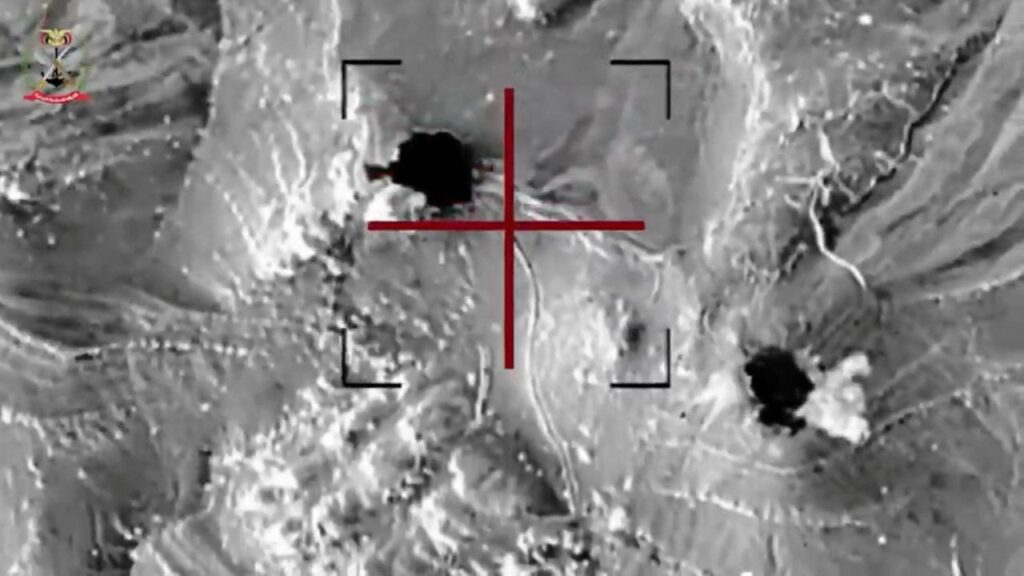 Smoke rises from explosions during what the Yemeni Armed Forces said were strikes targeting Houthi militia personnel, equipment and movements, at a location given as Taiz, Yemen in this still image from video released October 1, 2026. Media Centre of the Yemeni Armed Forces/Handout via REUTERS