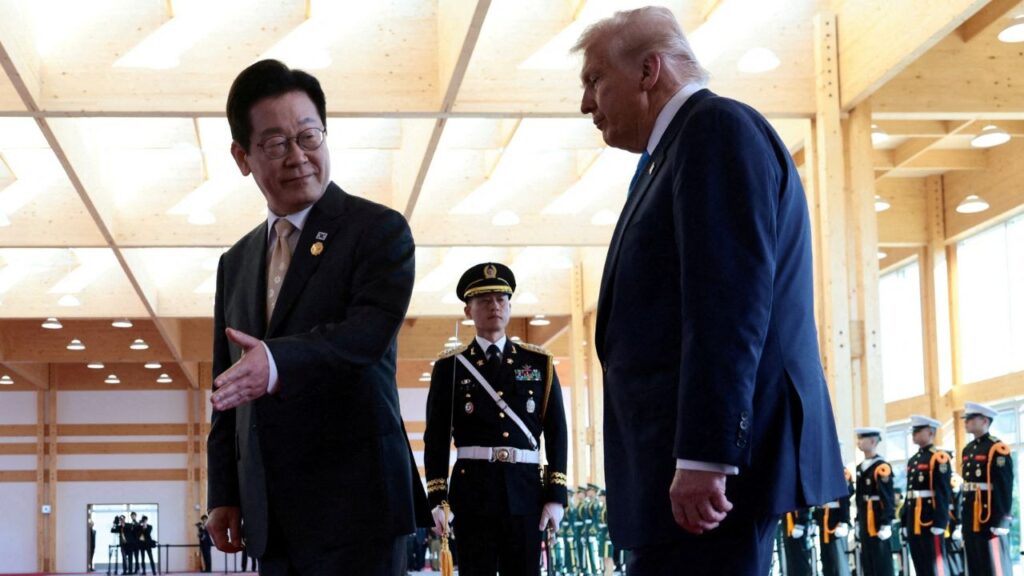 South Korean President Lee Jae Myung gestures as he meets with U.S. President Donald Trump on the sidelines of the Asia-Pacific Economic Cooperation (APEC) leaders' summit in Gyeongju, South Korea, October 29, 2025. (Reuters File)